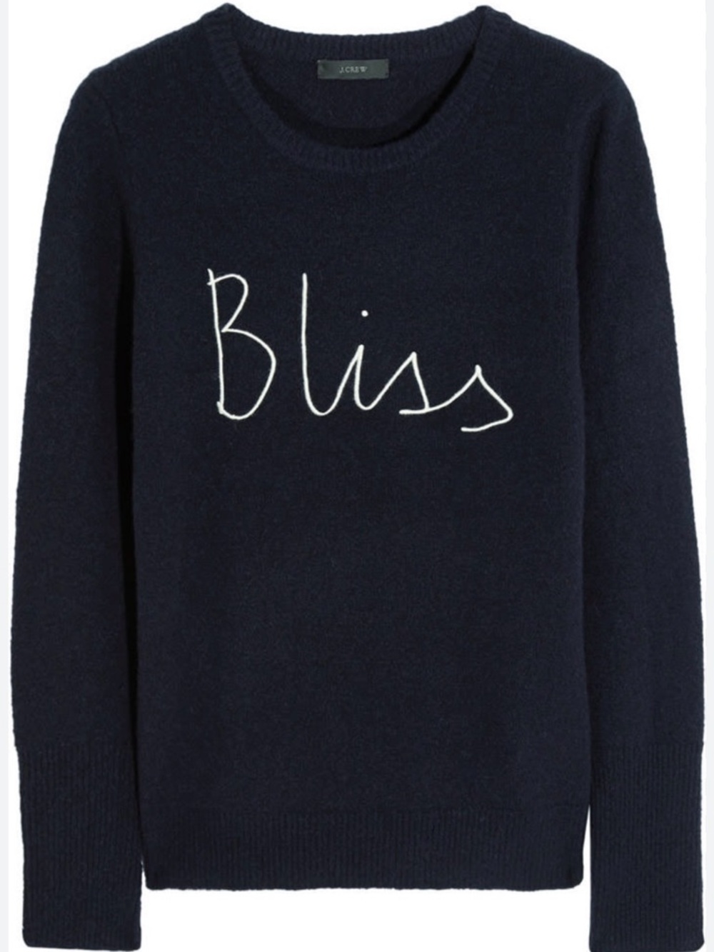J. Crew Navy Crewneck Sweater with White 'Bliss' Script